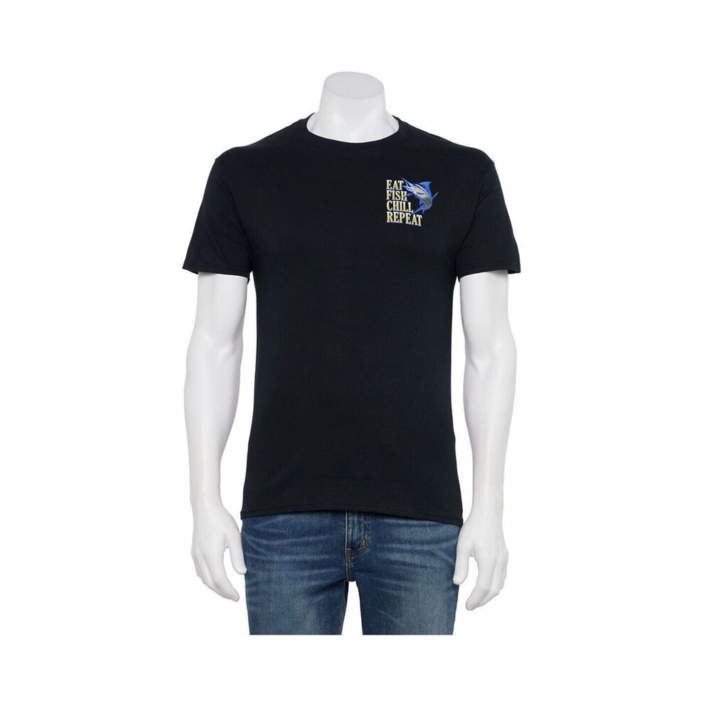 Eat Fish Chill Repeat Fishing Black Crew Neck Short Sleeve Men’s T Shirt Size XL